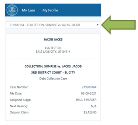 A screenshot of the online MyCase application. A large green arrow points to the case number drop down menu.